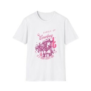 Womens Saddle Up Cowboy Lucky Day Graphic Tee Pink Western Style | White XS‎